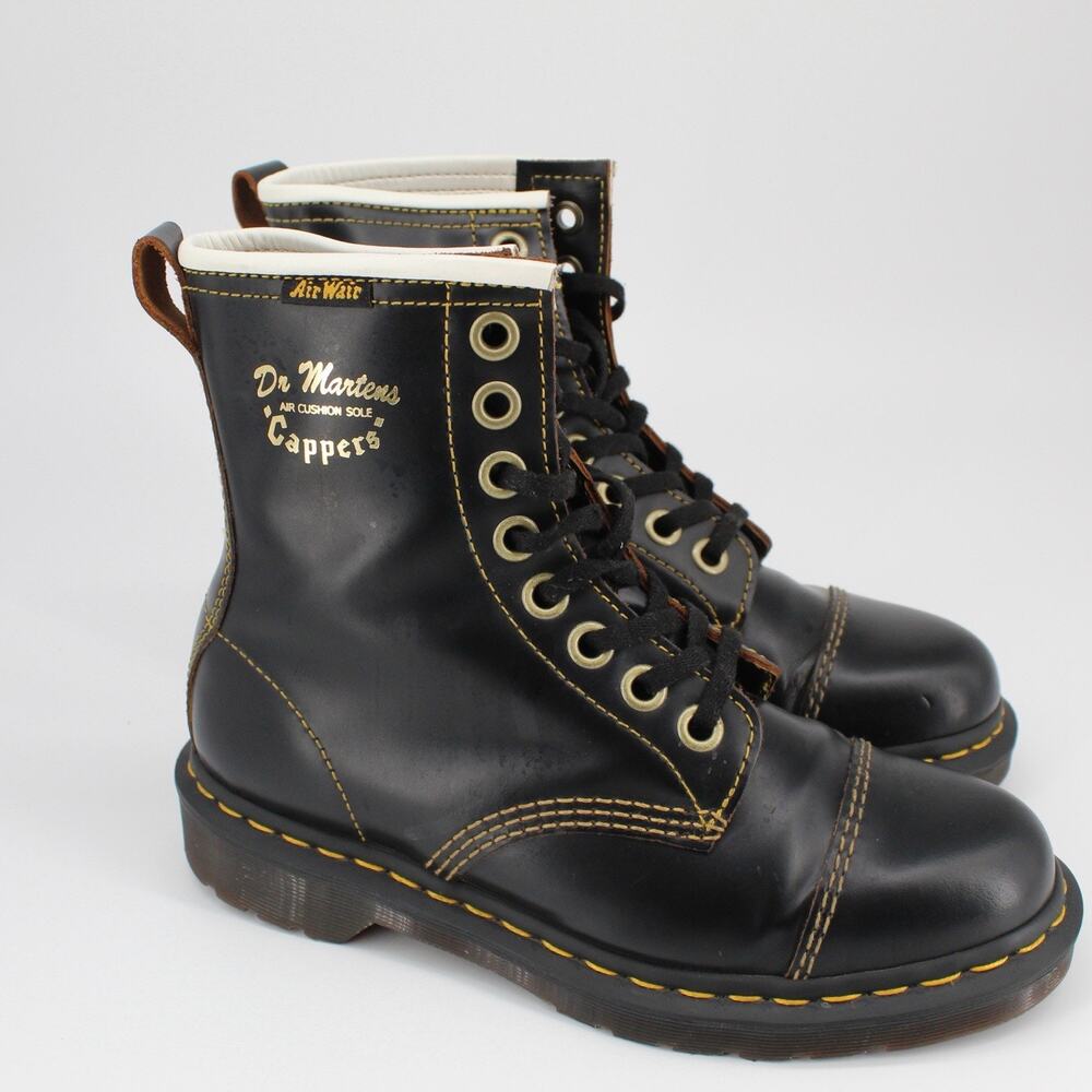 Doc Dr Martens Cappers Black Leather Combat Boots 8 Eye Cap Toe Womens 8